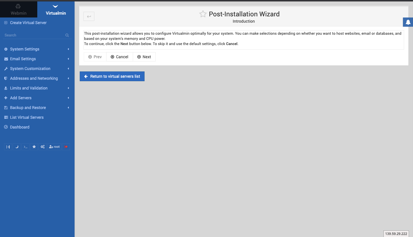 Virtaulmin Post Installation Wizard