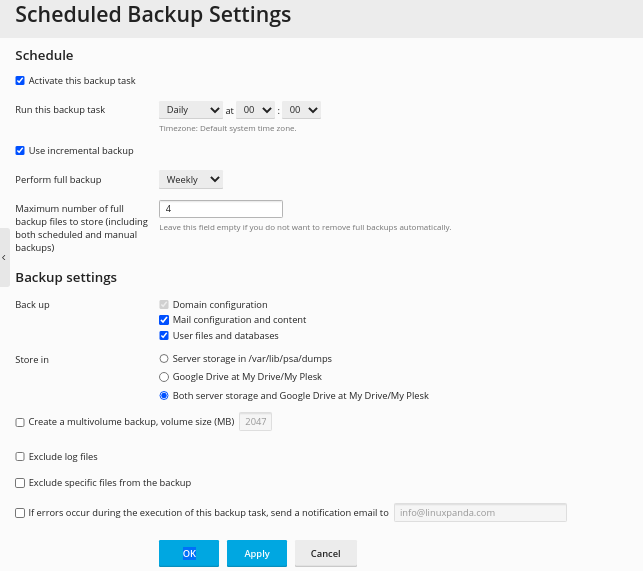 Plesk backup settings page  Setup Remote Backup