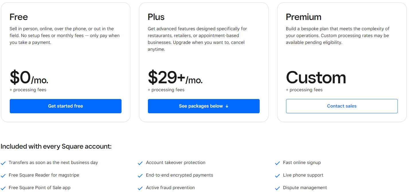 Square Online plans