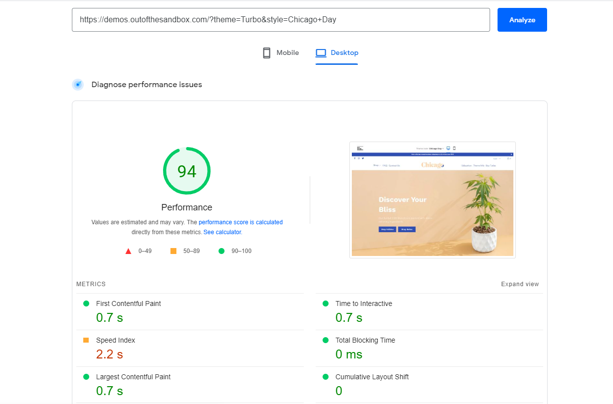 pagespeed score of outthesendbox demo theme 