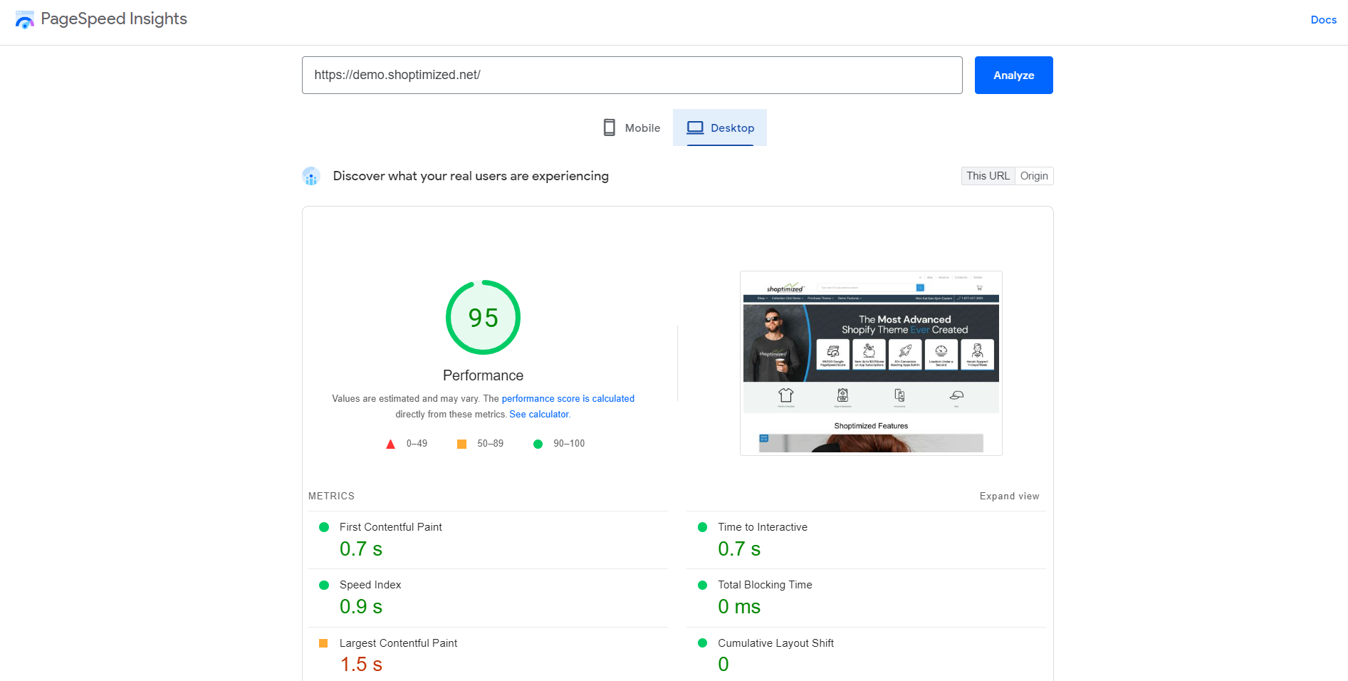 shoptimized Demo store page speed score