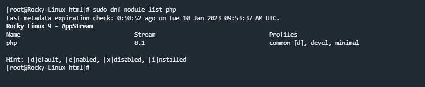 sudo dnf module list php