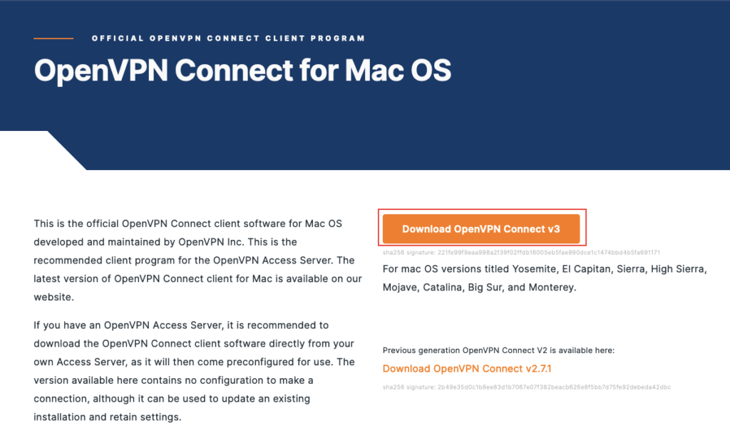 OpenVPN Connect download page for macOS