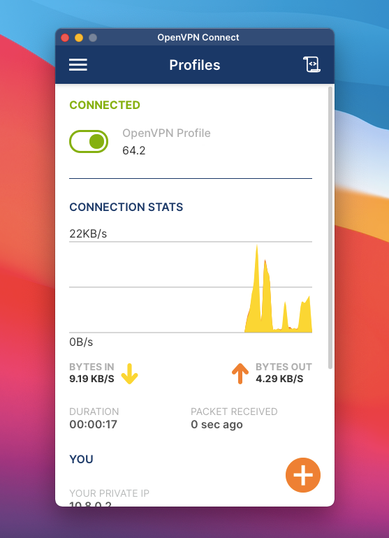 OpenVPN Connect showing an active VPN connection on a Mac