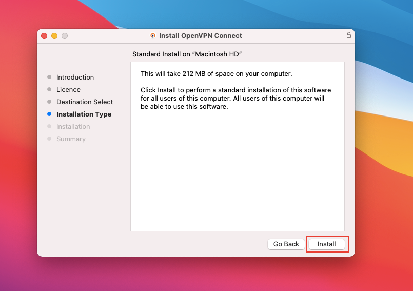 OpenVPN Connect installer running on a Mac