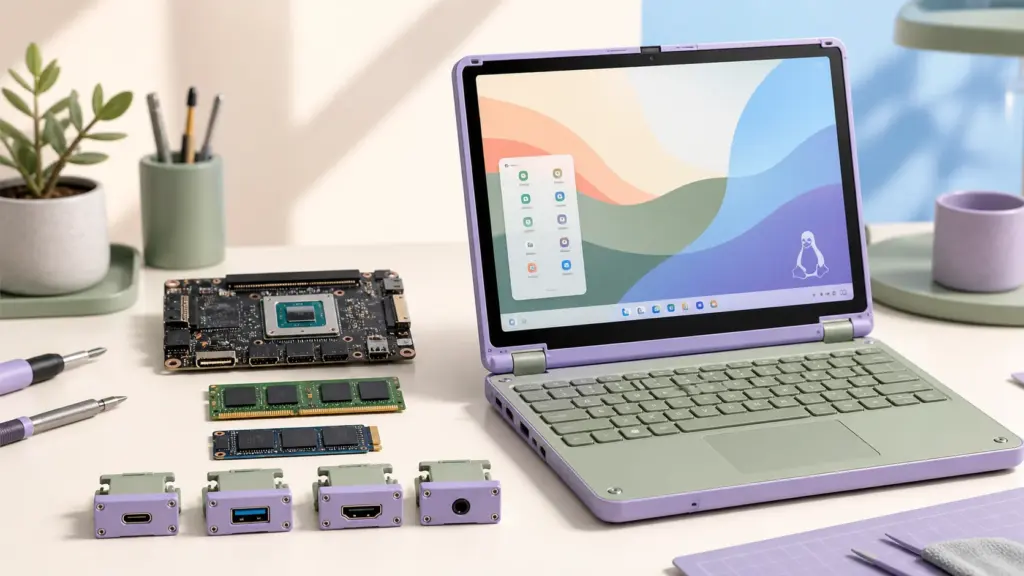 Repairable compact Linux laptop with upgradeable mainboard, memory, storage and modular ports