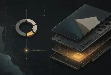 Exploded-view Android phone illustrating the Galaxy S22 GhostLock root exploit