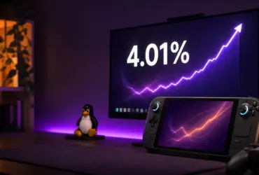Linux gaming setup showing the 4.01 percent Steam survey milestone