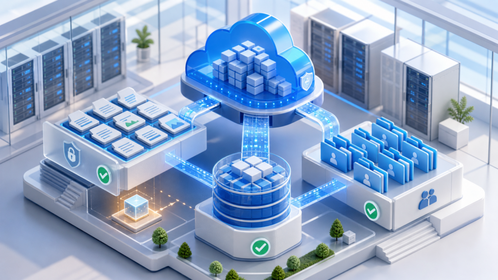 Illustration of a self-hosted cloud server connecting encrypted files, object storage and shared folders