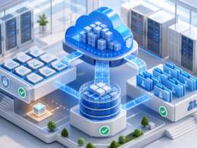 Illustration of a self-hosted cloud server connecting encrypted files, object storage and shared folders