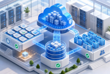 Illustration of a self-hosted cloud server connecting encrypted files, object storage and shared folders