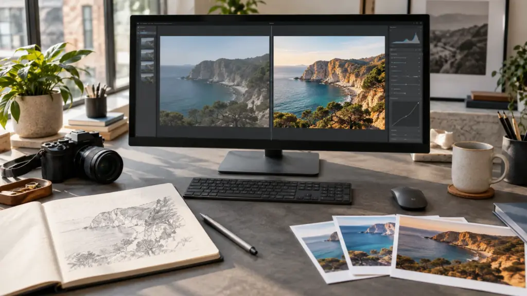 Creative workstation comparing an original photograph with a precise edited version beside a hand-drawn sketch