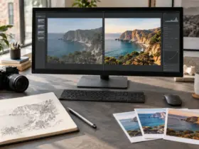 Creative workstation comparing an original photograph with a precise edited version beside a hand-drawn sketch
