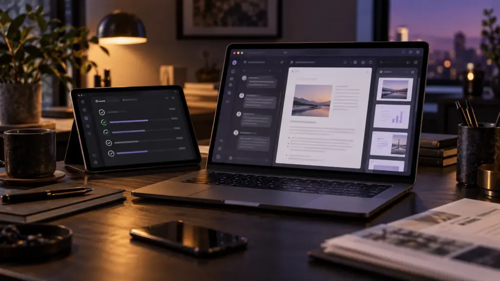 Unified AI workspace showing conversation, document and presentation panels across devices