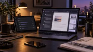 Unified AI workspace showing conversation, document and presentation panels across devices