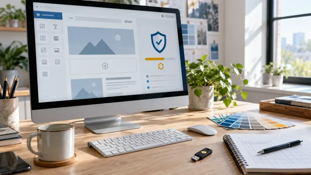Elementor page builder security update shown on a bright design studio monitor