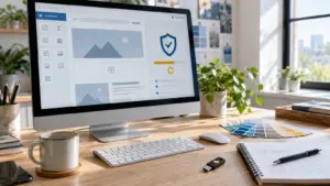 Elementor page builder security update shown on a bright design studio monitor