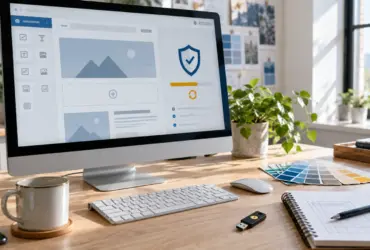 Elementor page builder security update shown on a bright design studio monitor