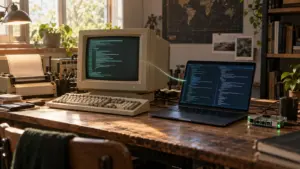 A 1980s computer terminal beside a modern Linux development laptop