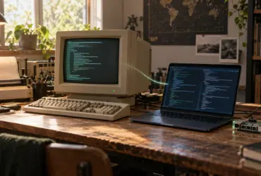 A 1980s computer terminal beside a modern Linux development laptop