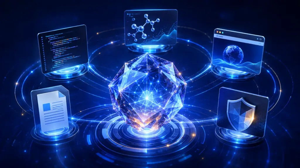 Abstract GPT-6 Astra AI system connecting coding, research, browser, document and security tasks