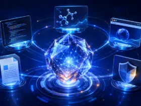 Abstract GPT-6 Astra AI system connecting coding, research, browser, document and security tasks
