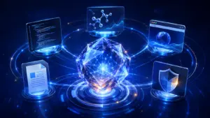 Abstract GPT-6 Astra AI system connecting coding, research, browser, document and security tasks