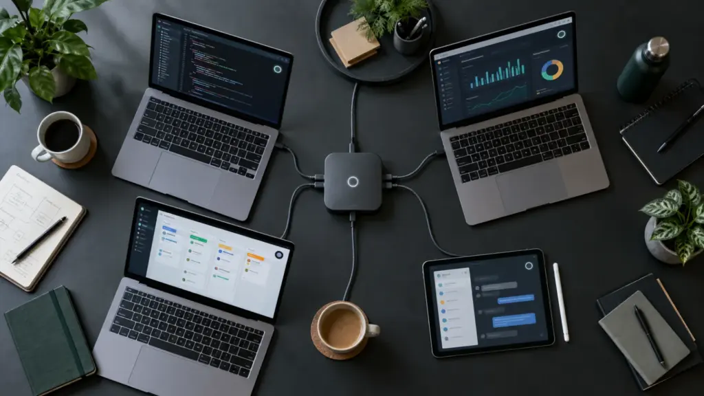 Four work devices connected to one shared AI agent hub on a team workspace