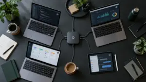 Four work devices connected to one shared AI agent hub on a team workspace