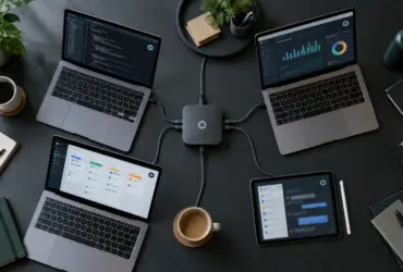 Four work devices connected to one shared AI agent hub on a team workspace