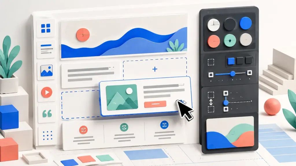 Modular WordPress block editor workspace with inserter, color and spacing controls