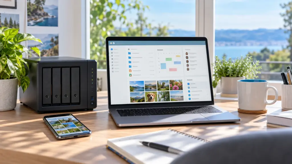 Self-hosted server and laptop representing Nextcloud 35 team collaboration and private photos
