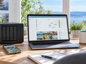Self-hosted server and laptop representing Nextcloud 35 team collaboration and private photos