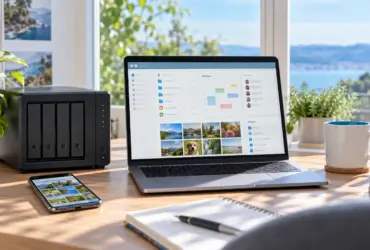 Self-hosted server and laptop representing Nextcloud 35 team collaboration and private photos