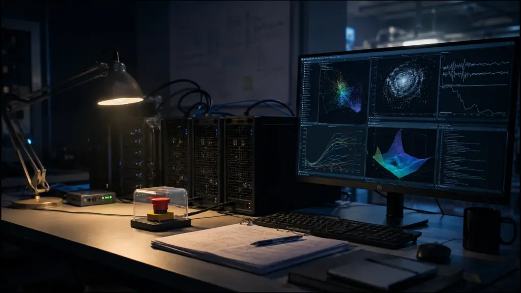 AI research workstations running automated experiments beside a guarded emergency stop button
