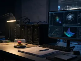 AI research workstations running automated experiments beside a guarded emergency stop button