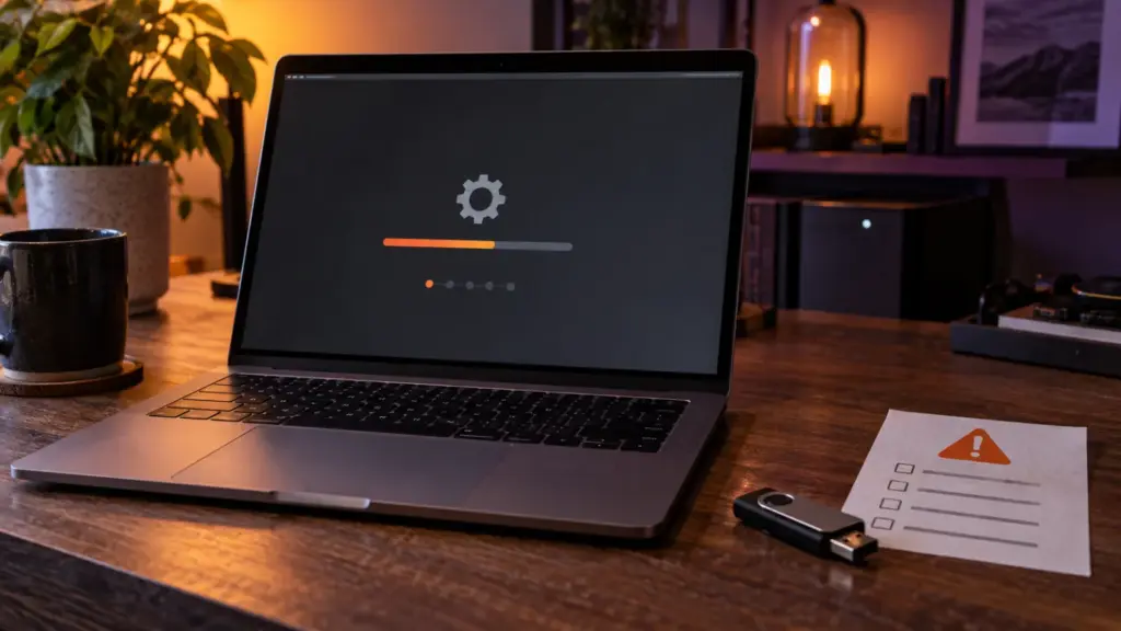 Laptop with a stalled operating system installer beside a bootable USB drive and warning checklist