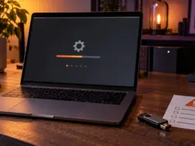 Laptop with a stalled operating system installer beside a bootable USB drive and warning checklist