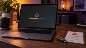 Laptop with a stalled operating system installer beside a bootable USB drive and warning checklist