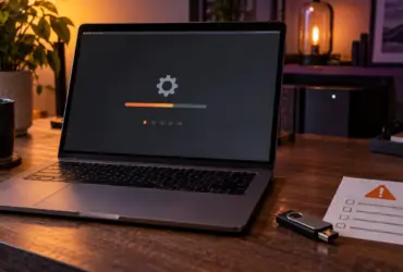 Laptop with a stalled operating system installer beside a bootable USB drive and warning checklist
