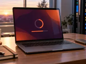 Laptop installing the Ubuntu 26.04.1 LTS upgrade beside an external backup drive
