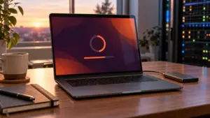 Laptop installing the Ubuntu 26.04.1 LTS upgrade beside an external backup drive