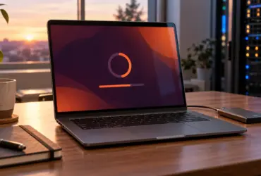 Laptop installing the Ubuntu 26.04.1 LTS upgrade beside an external backup drive