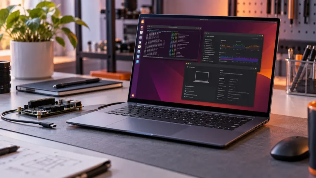 Ubuntu Linux desktop running on a Snapdragon X2 laptop beside development hardware