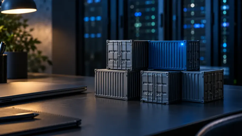 Metal container models on a developer desk representing the Docker Desktop 4.94 update