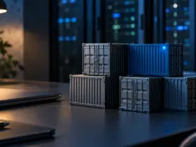 Metal container models on a developer desk representing the Docker Desktop 4.94 update