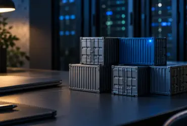 Metal container models on a developer desk representing the Docker Desktop 4.94 update