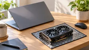 Laptop and graphics card on an anti-static mat beside a mouse on a sunlit desk