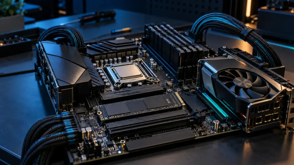 Motherboard, processor, graphics card and NVMe storage representing Linux 7.3 improvements