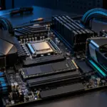 Motherboard, processor, graphics card and NVMe storage representing Linux 7.3 improvements